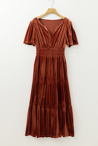 Velvet Short Sleeve Shirred Waist Tiered Maxi Dress | Chestnut