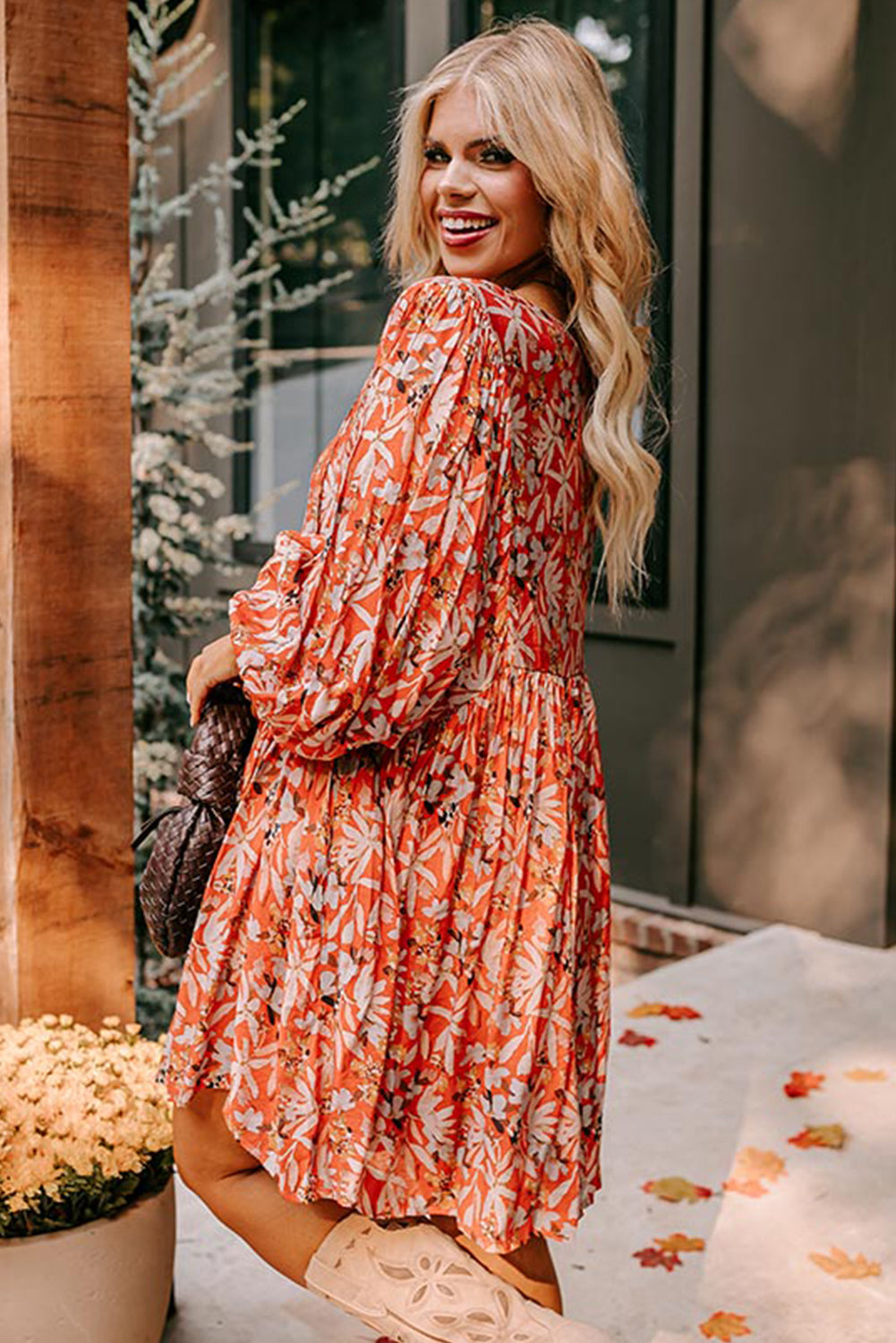 Floral Print Split V Neck Bubble Sleeve Plus Size Midi Dress | Orange