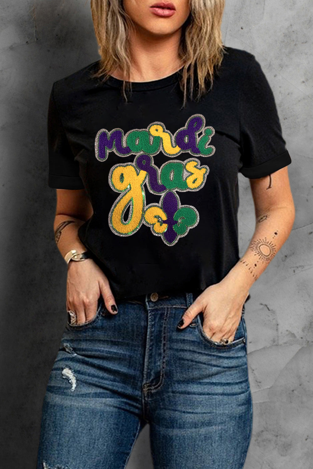 Chenille Mardi Gras Letter Graphic Tee | Black