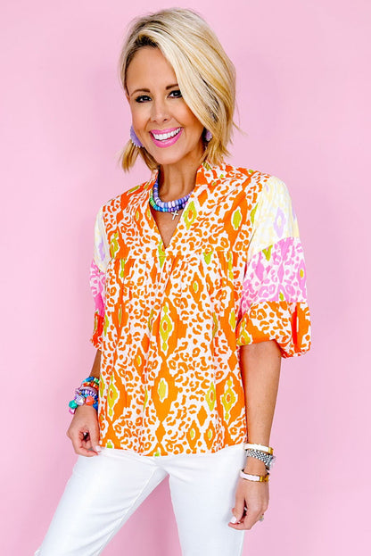 Leopard Colourblock Puff Sleeve Split Neck Blouse | Orange