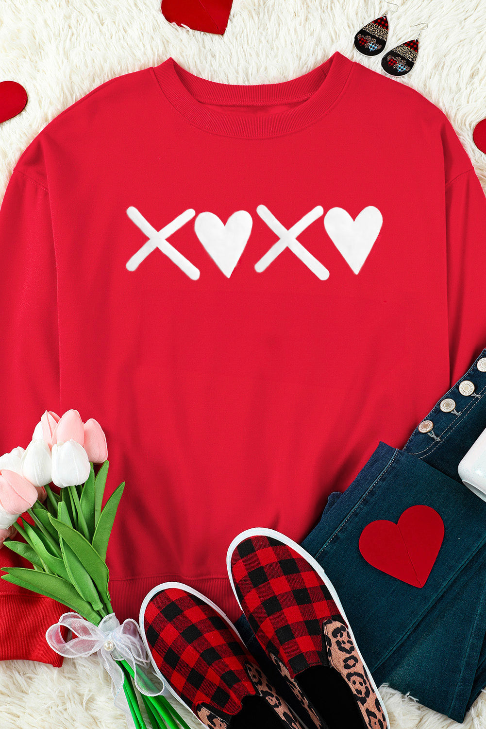 Puff Xoxo Print Valentines Heart Sweatshirt | Red