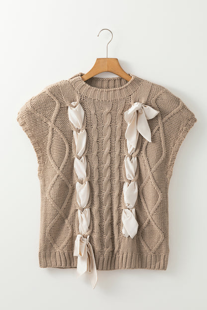 Cable Knit Colourblock Satin Bowknot Short Sleeve Sweater | Simply Taupe