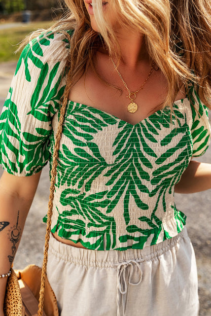 Tropical Leaf Print Smocked Crop Top | Dark Green