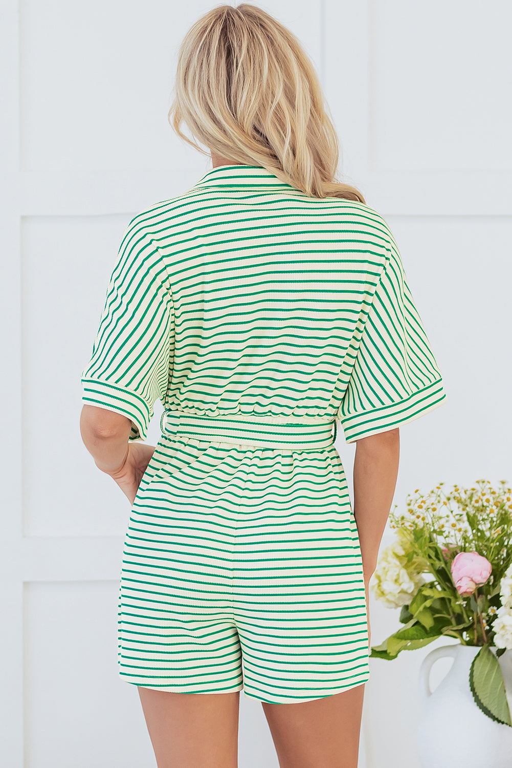 Textured Short Sleeve Collared Buttoned Waist Tie Romper | Green Stripe