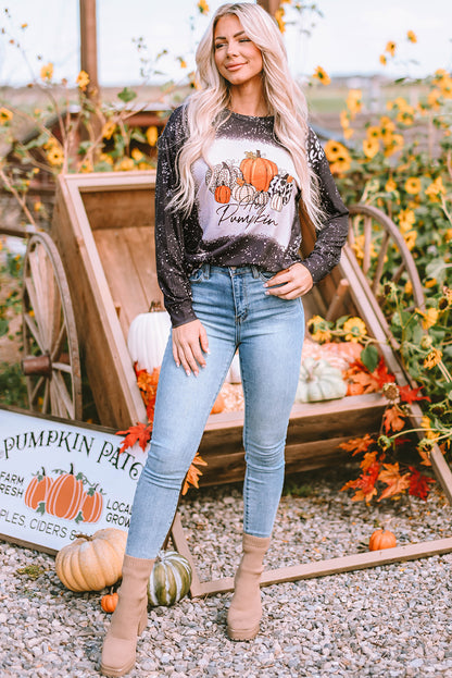 Leopard Bleached Pumpkin Graphic Long Sleeve Top | Black