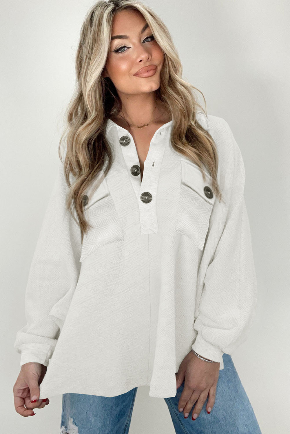 Oversized Flap Pockets Button Collared Sweatshirt | White