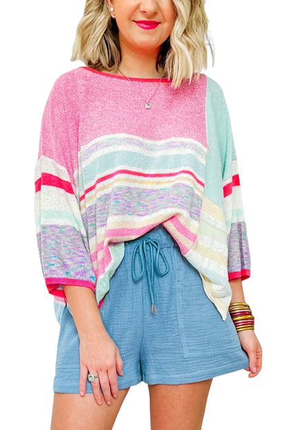 Colour Block Striped Three-Quarter Sleeve Knitted Top | Pink