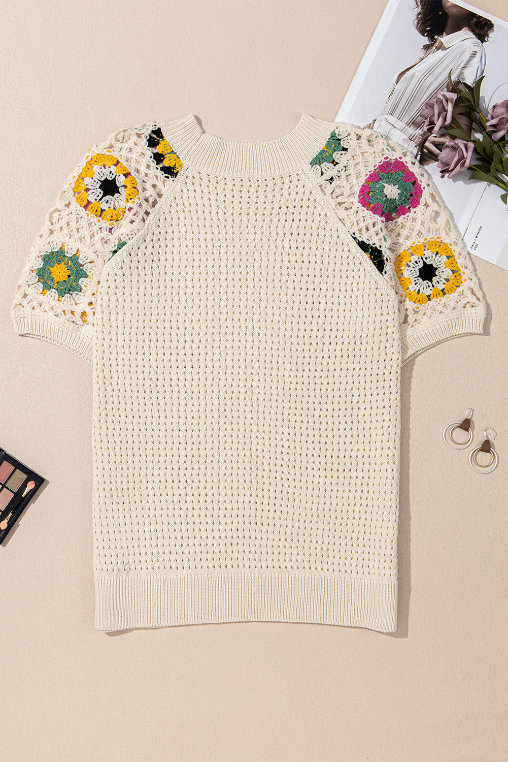 Hollow Out Floral Crochet Short Sleeve Crewneck Sweater | Apricot