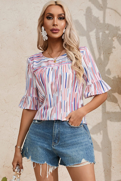 Multicolour Striped Splash Half Sleeve Blouse | White