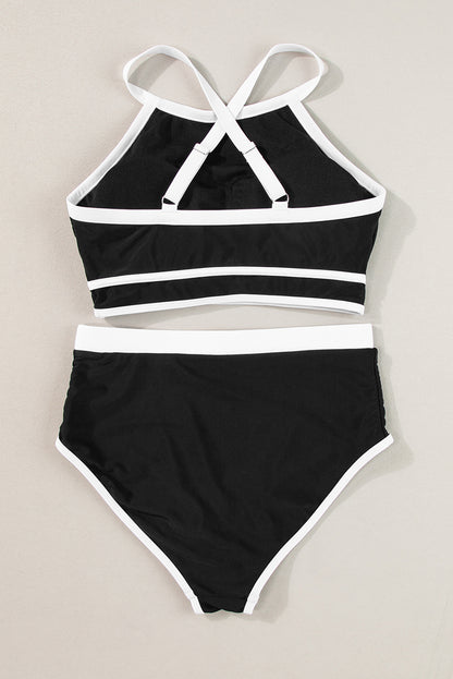 Contrast Trim Crisscross Back High Waisted Bikini | Black