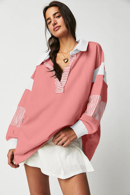 Casual Striped Colourblock Patchwork Collar Sweatshirt | Pale Chestnut