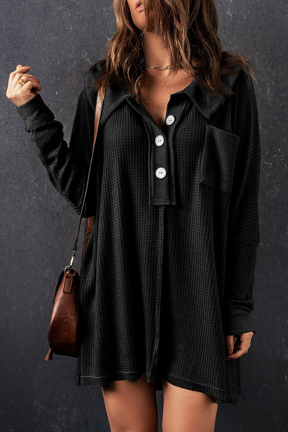 Waffle Knit Buttoned Long Sleeve Top | Black