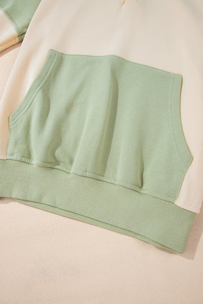 Colourblock Patchwork Buttoned Collar Kangaroo Pocket Sweatshirt | Laurel Green