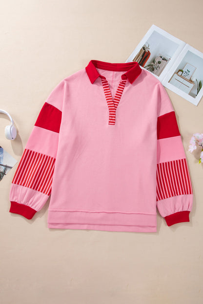 Striped Patchwork Side Split Collared Plus Size Sweatshirt | Rose