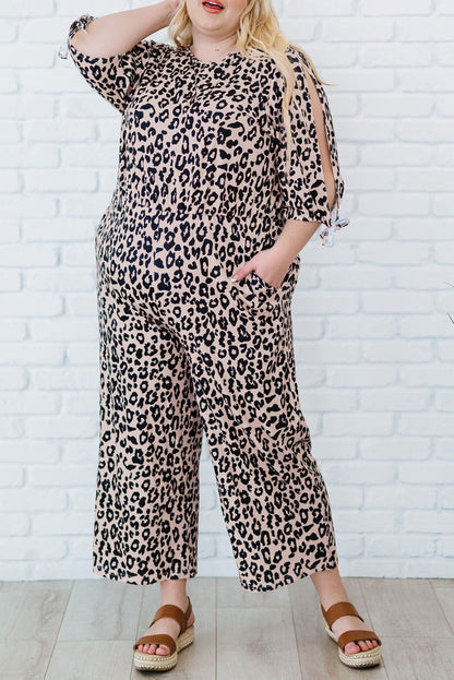 Print Cut-Out Half Sleeve Plus Size Jumpsuit | Leopard