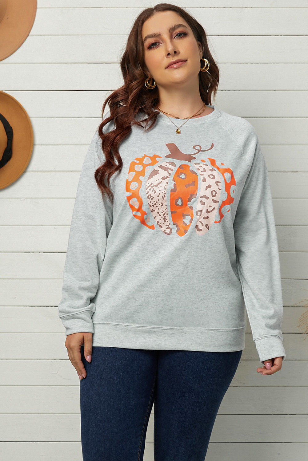 Halloween Pumpkin Leopard Print Plus Size Sweatshirt | Gray