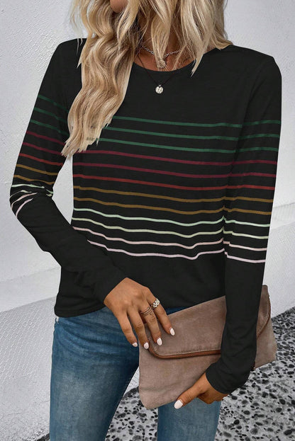 Multicolour Striped Crew Neck Long Sleeve Top | Black