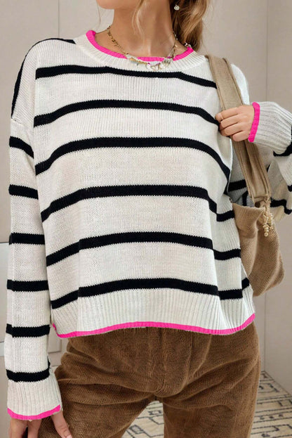 Colour Contrast Drop Shoulder Crew Neck Sweater | White Stripe