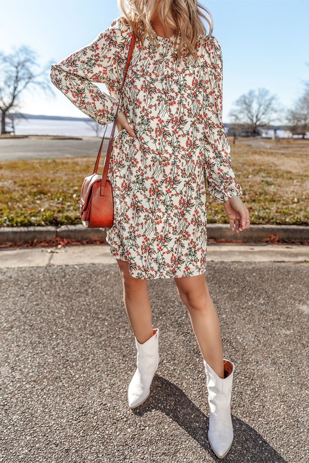 Floral Printed Long Sleeve Mini Dress | White