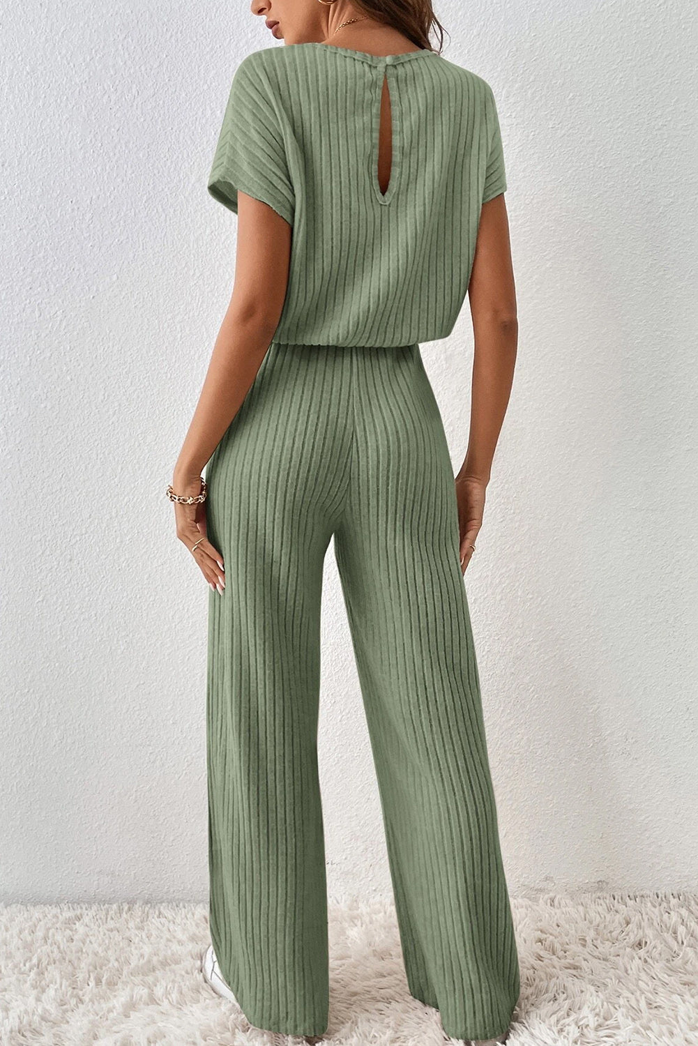 Solid Colour Ribbed Short Sleeve Wide Leg Jumpsuit | Grass Green