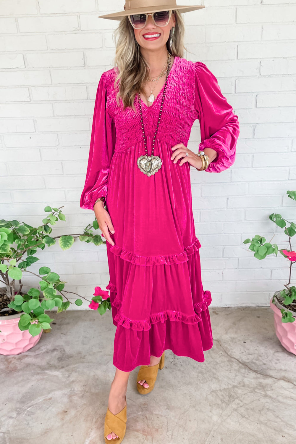 Shirred V Neck Long Sleeve Velvet Dress | Rose Red