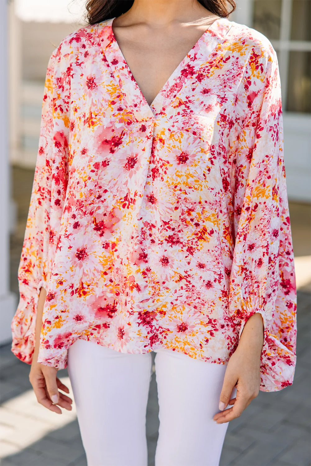 Ditsy Floral Bubble Sleeve V Neck Blouse | Pink