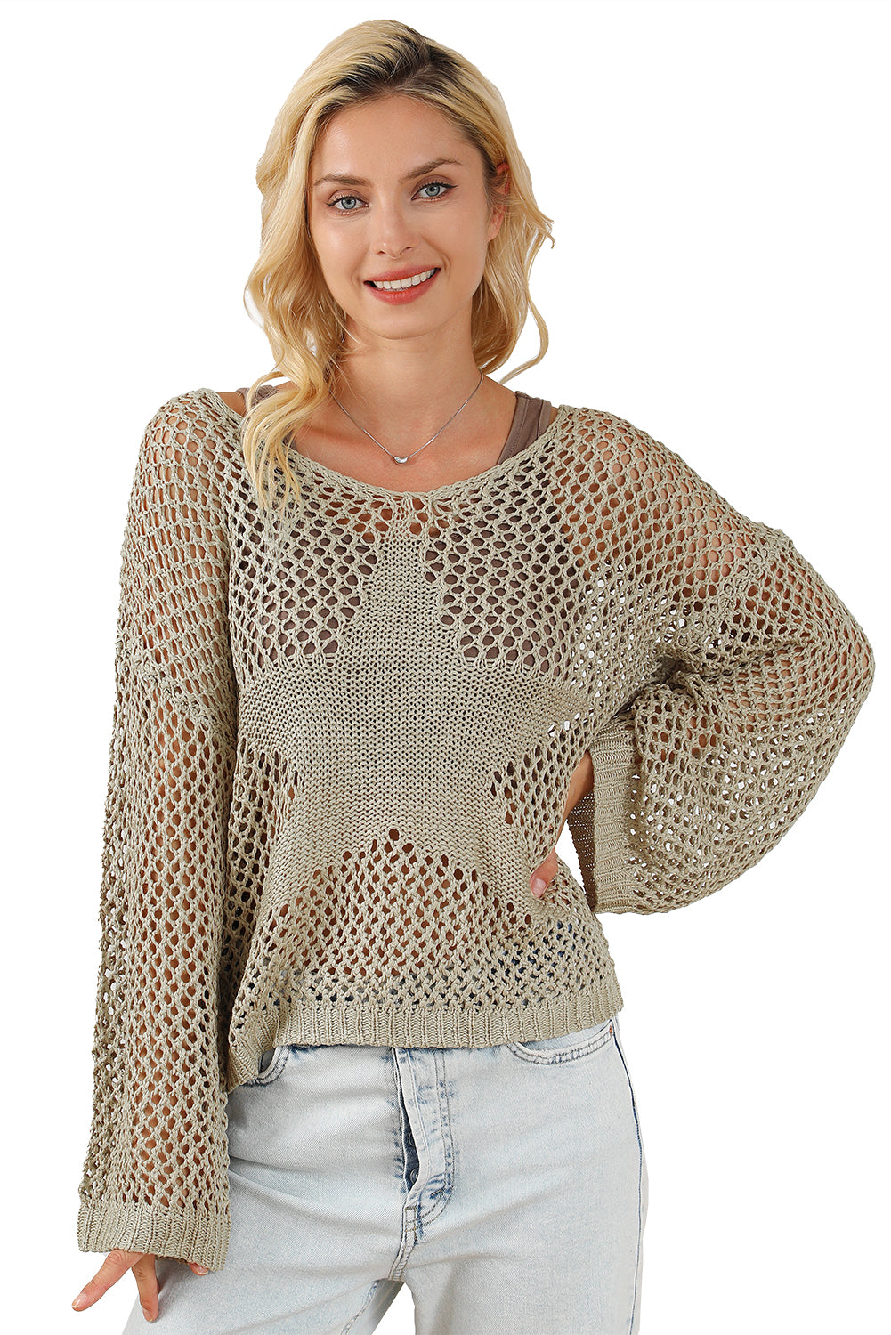 Star Pointelle Knit Baggy Sweater | Light French Beige