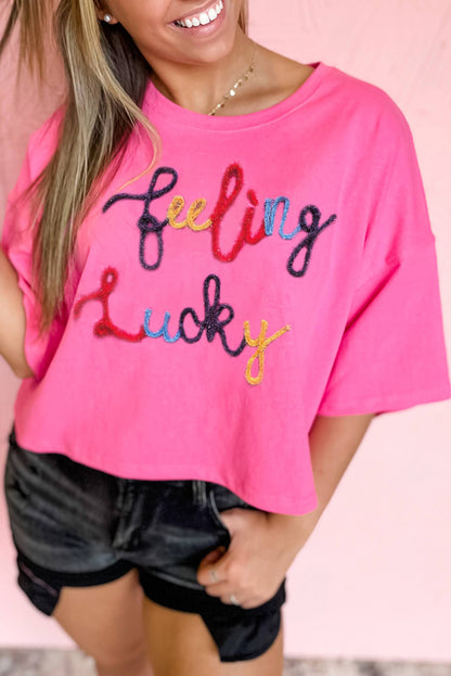 Feeling Lucky Embroidered Letter Graphic Half Sleeve Top | Bonbon