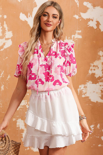 Split Neck Ruffled Puff Sleeves Floral Top | Pink