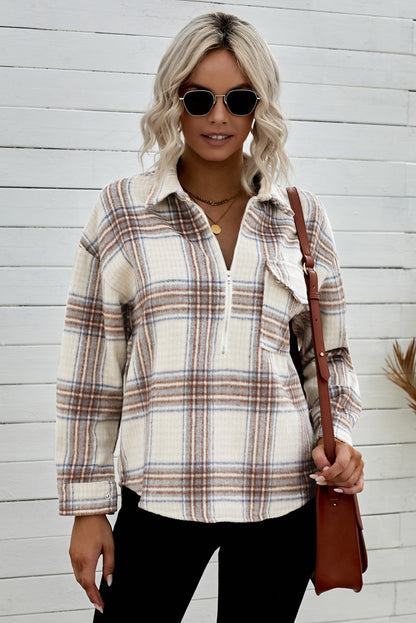 Chest Pocket Plaid Half Zip Sweatshirt | Apricot