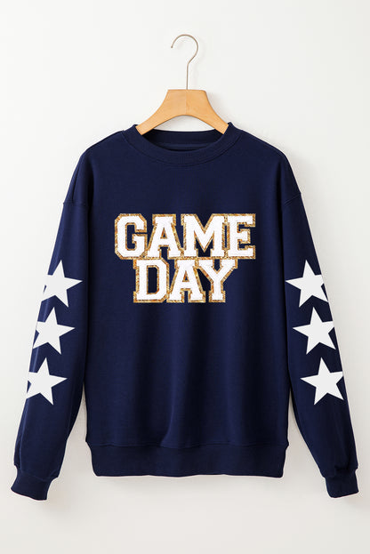 Game Day Printed Star Sleeve Crewneck Pullover Sweatshirt | Navy Blue