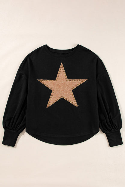 Studded Star Graphic Oversized Long Sleeve Top | Black