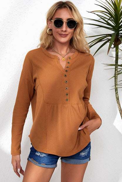 Waffle Knit Half Button Henley Top | Brown