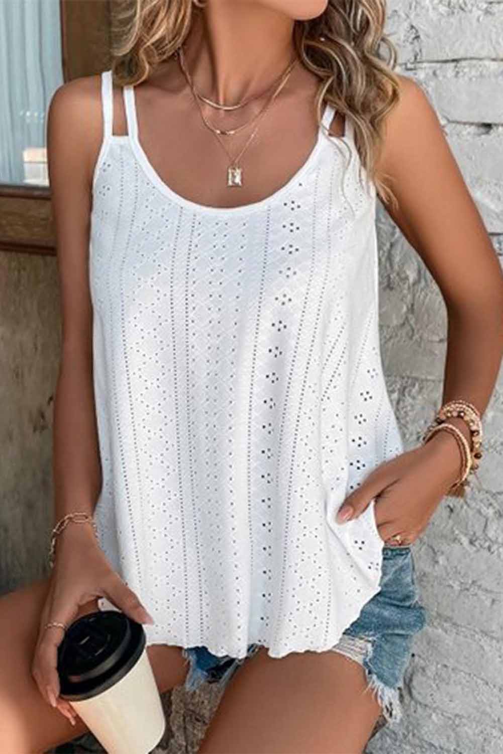 Eyelet Strappy Scoop-Neck Tank Top | White