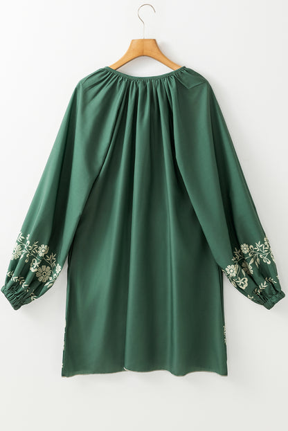 Tie Neck Boho Floral Pattern Puff Sleeve Shift Dress | Mist Green