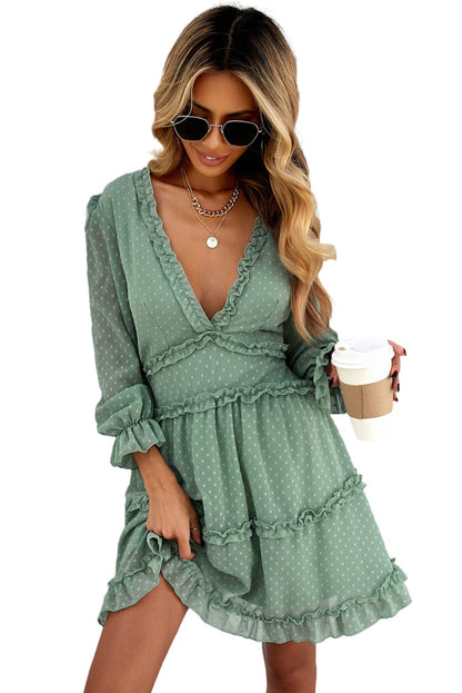 Layered Ruffled Open Back Puff Sleeve Swiss Dot Mini Dress | Green