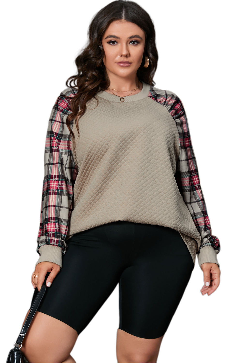 Plus Size Plaid Raglan Sleeve Crew Neck Sweatshirt | Apricot