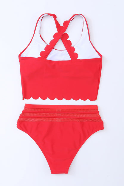 Scalloped Criss Cross High Waist Bikini | Fiery Red