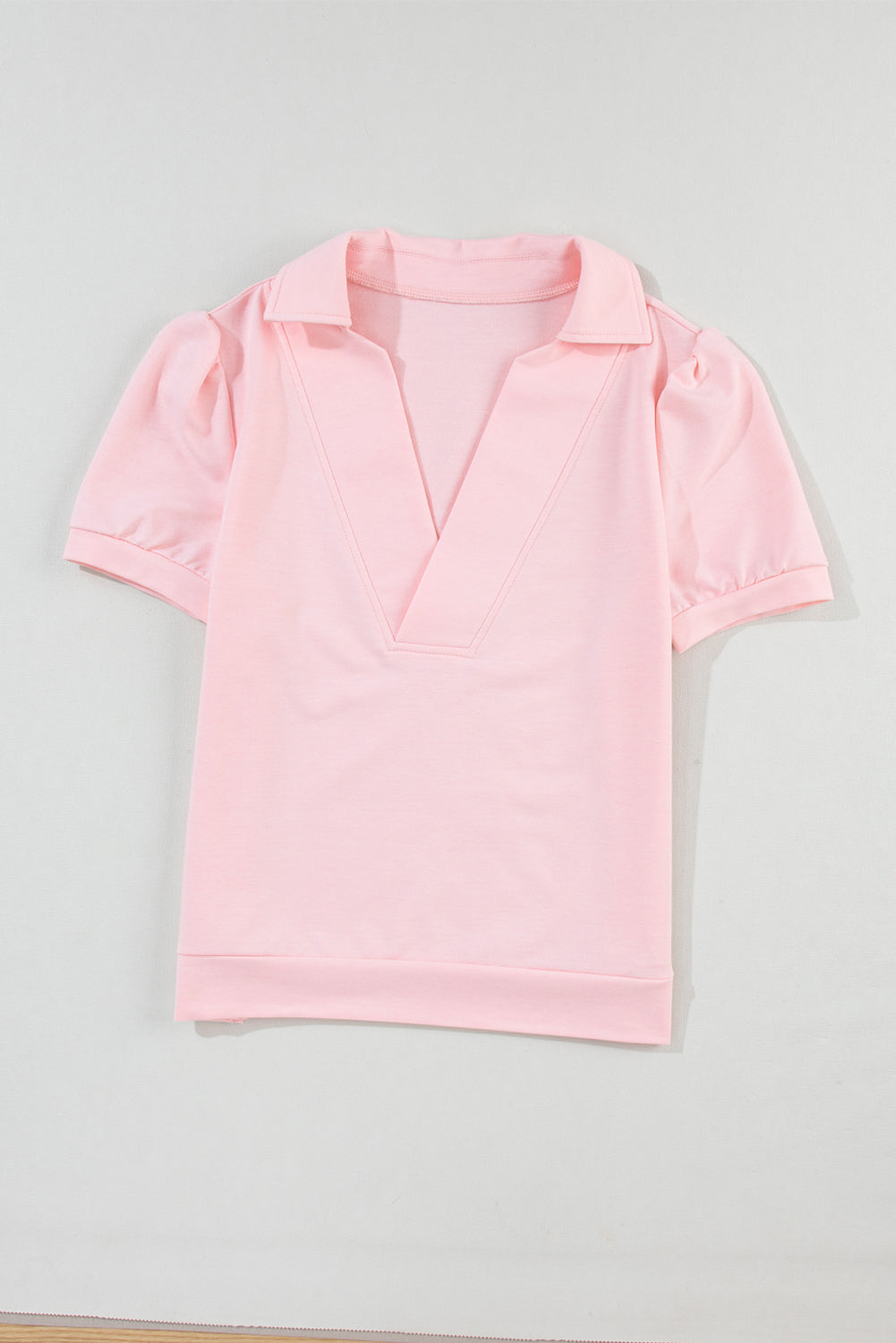 Collared V Neck Puff Sleeve T-Shirt | Pink