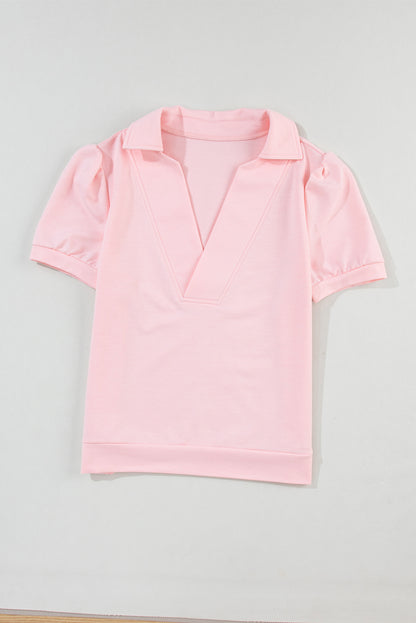 Collared V Neck Puff Sleeve T-Shirt | Pink