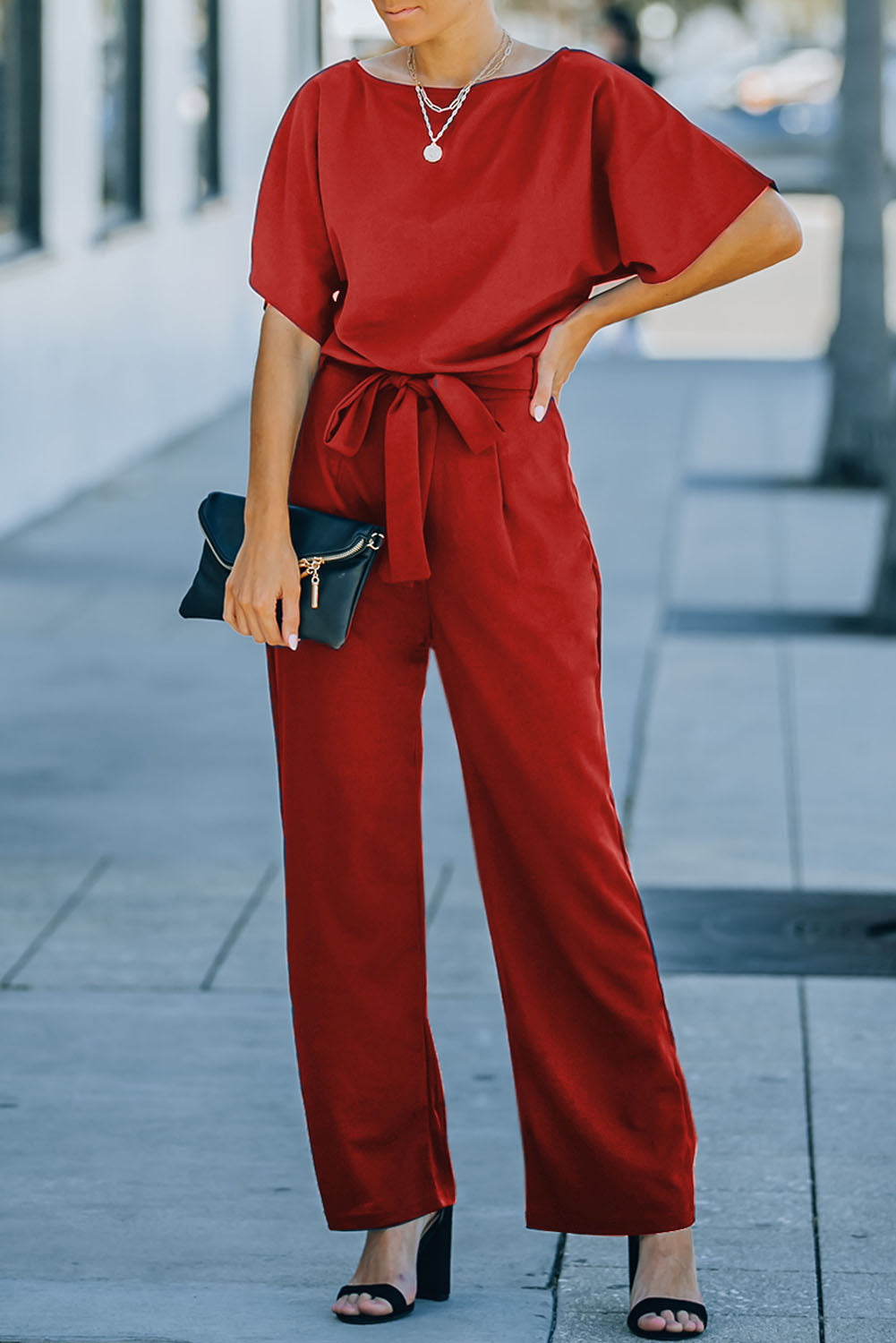 Fiery  Belted Wide Leg Jumpsuit | Red