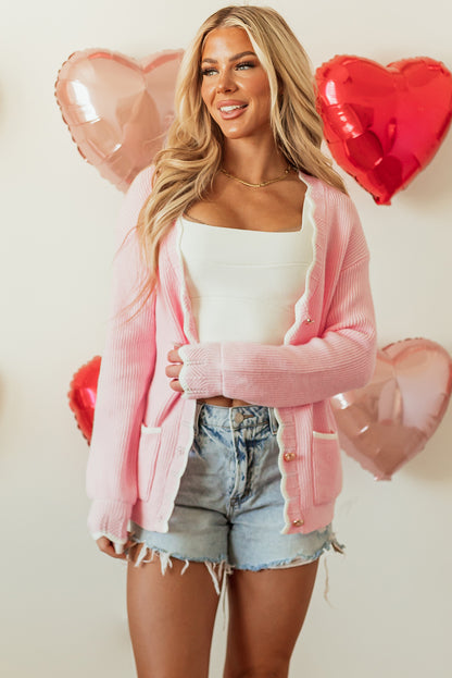 Ribbed Knit Scalloped Edge Side Pockets Buttoned Cardigan | Pink