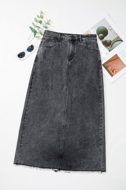 Denim Raw Hem Back Split High Waist Long Skirt | Dark Grey