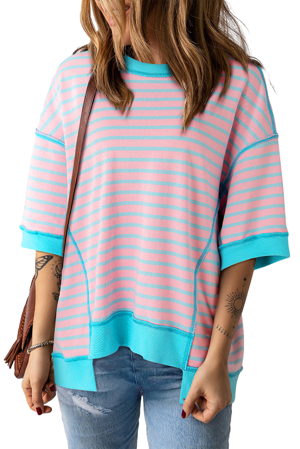 Oversized Contrast Trim Exposed Seam High Low T Shirt | Pink Stripe