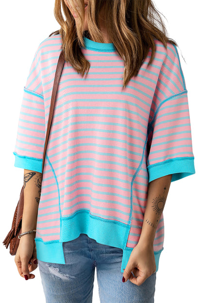 Oversized Contrast Trim Exposed Seam High Low T Shirt | Pink Stripe