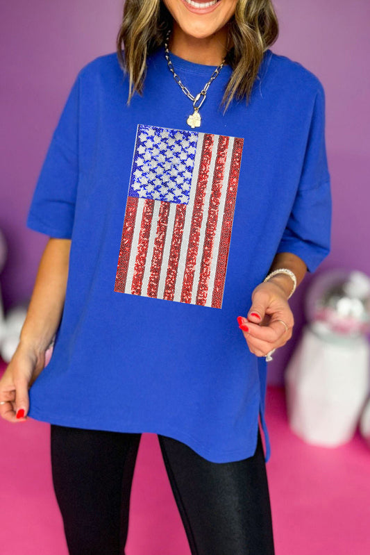 Dark Blue Sequin American Flag Graphic Split Baggy T Shirt