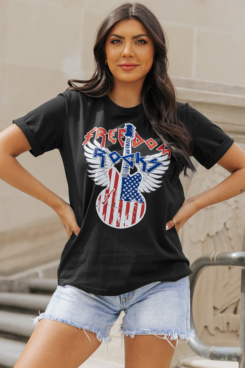 American Flag Guitar Print Crew Neck Tee | Black