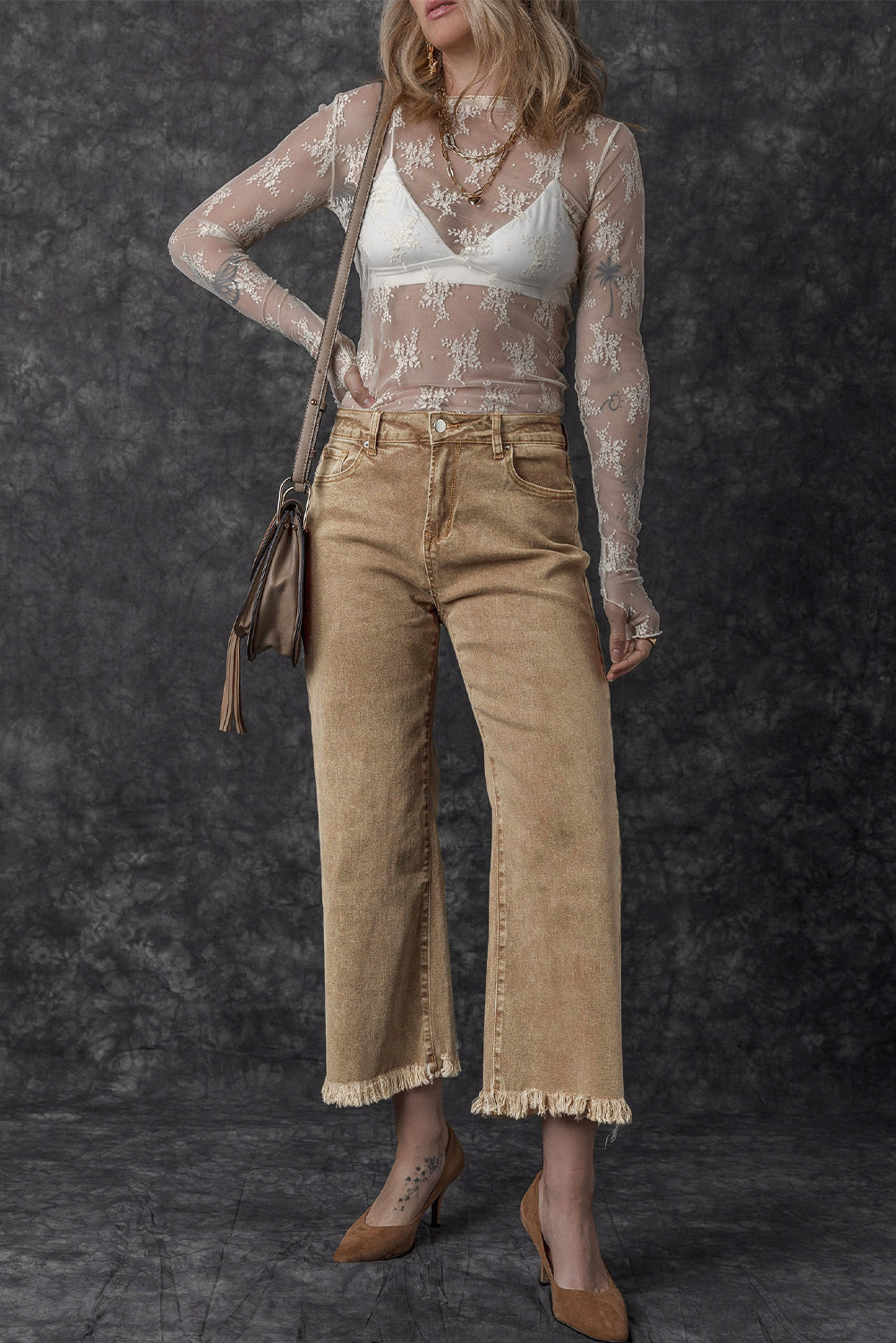 Acid Washed High Rise Cropped Wide Leg Jeans | Light French Beige