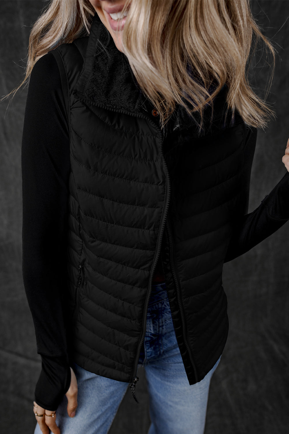 Plush Collared Quilted Zipped Puffer Vest | Black