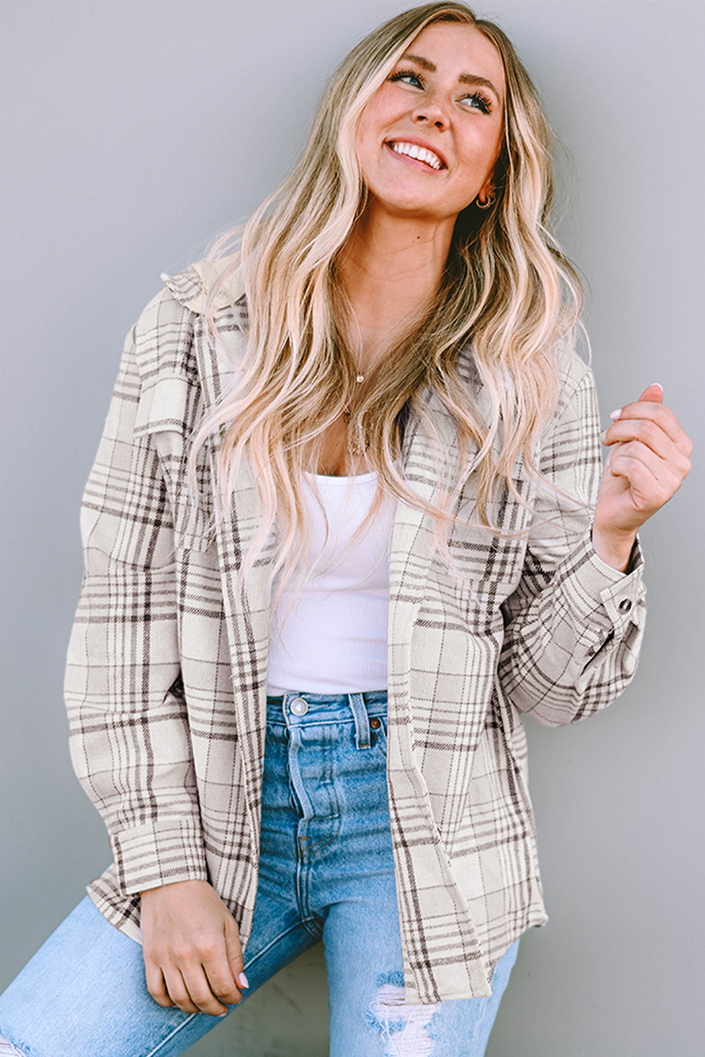 Plaid Removable Hood Buttoned Shacket | Khaki